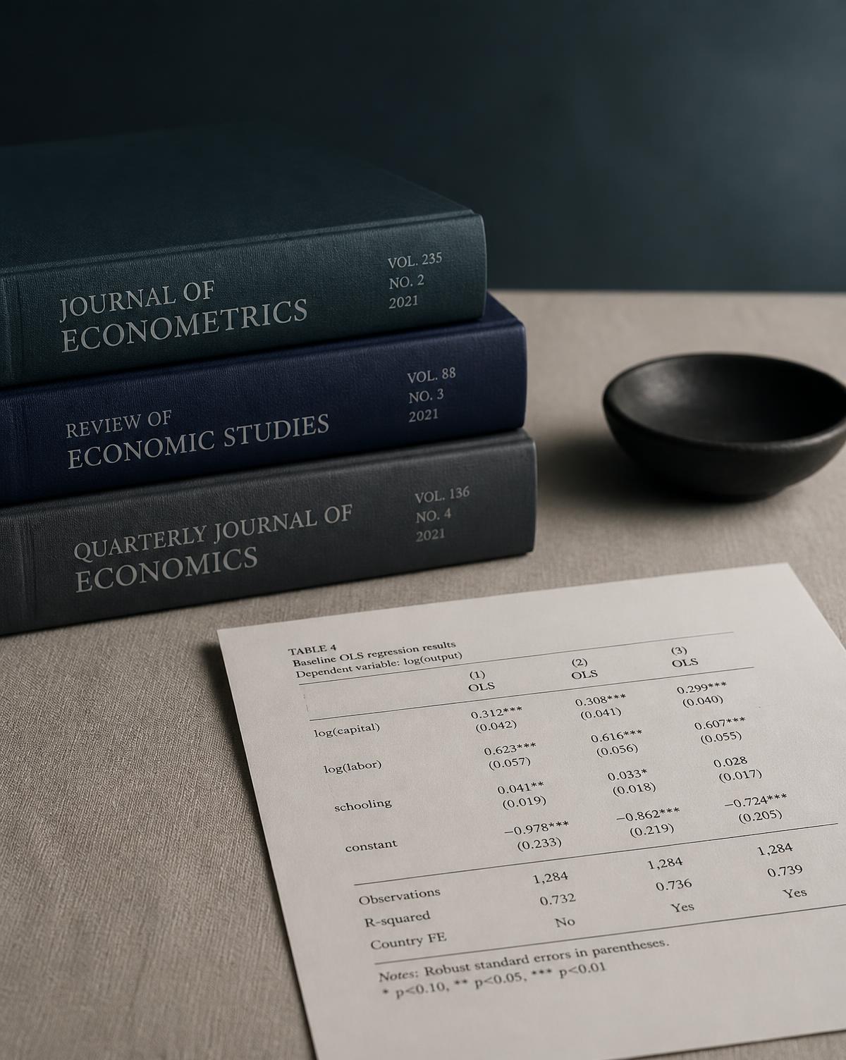 Bound economics journals beside a printed regression output table
